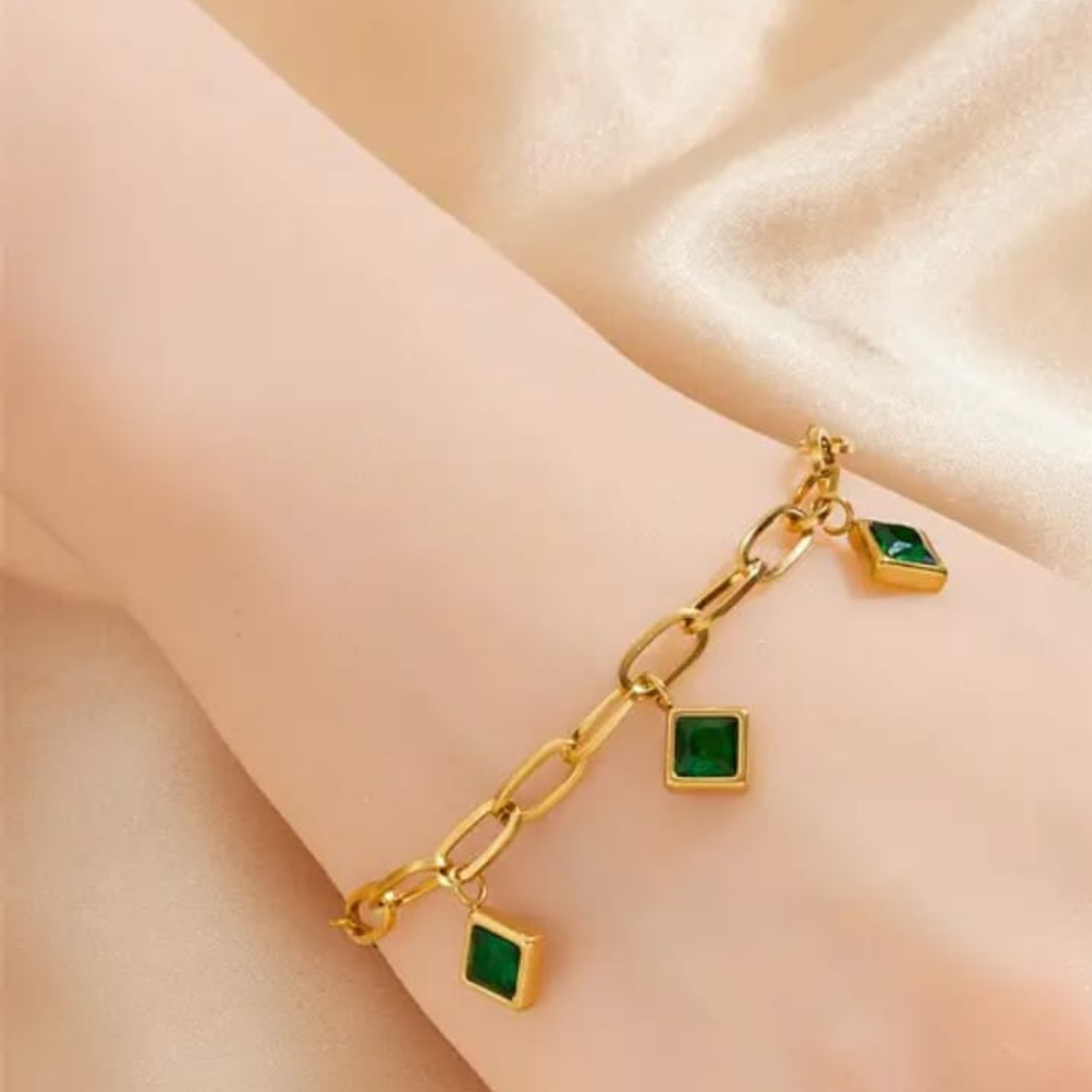 Luxury 18k Gold Plated Adjustable Stone Bracelet for Women (Emerald / Pink)