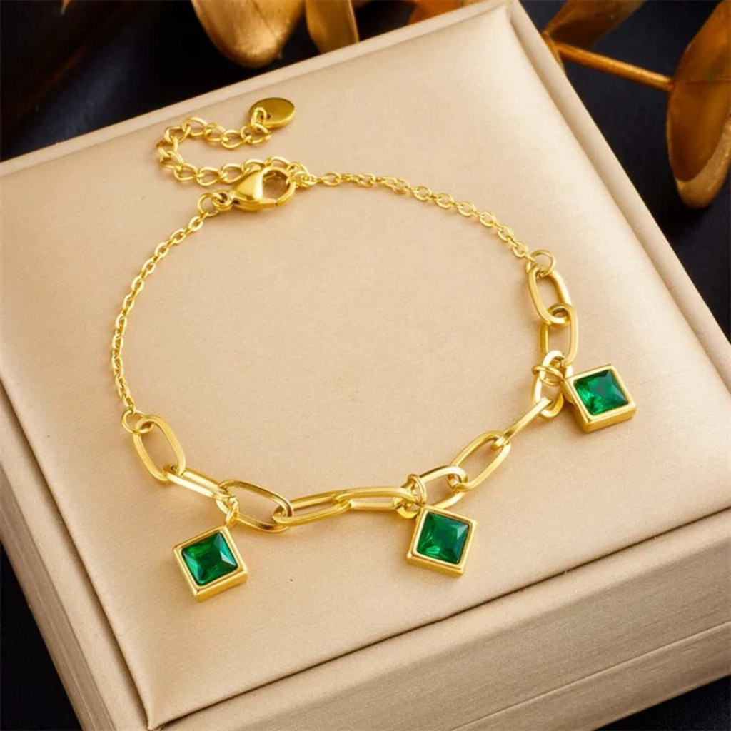 Luxury 18k Gold Plated Adjustable Stone Bracelet for Women (Emerald / Pink)