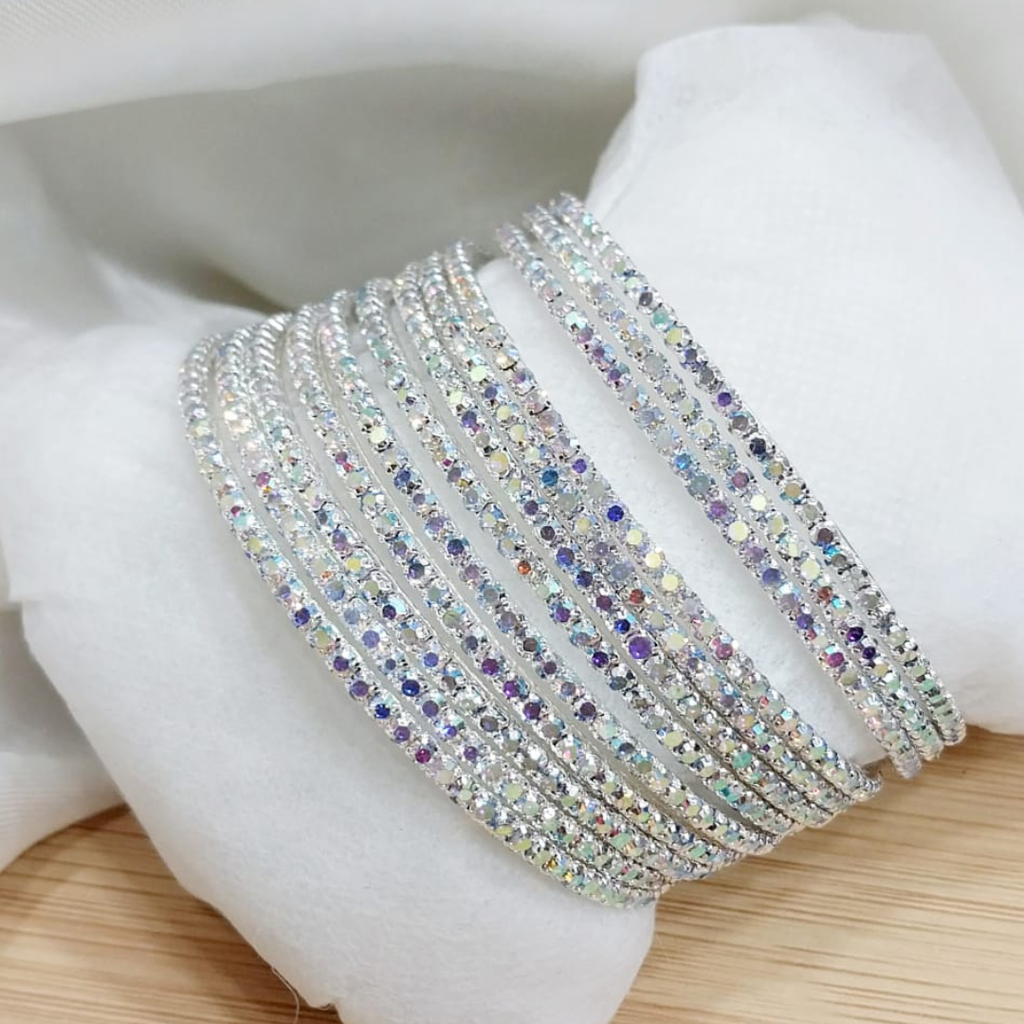 Royal Spark 12-Piece Stone Bangle Set – Silver & Champagne for Women