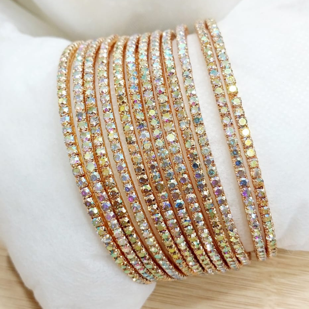 Royal Spark 12-Piece Stone Bangle Set – Silver & Champagne for Women
