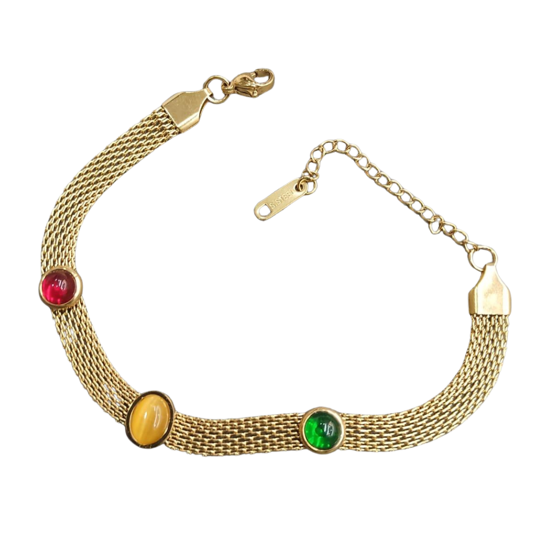 Statement Tricolor Stone 18K Gold Bracelet