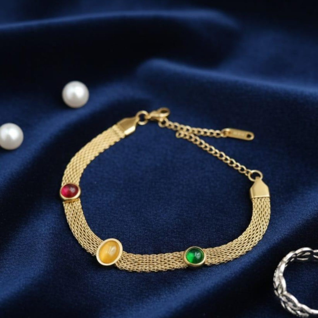 Statement Tricolor Stone 18K Gold Bracelet