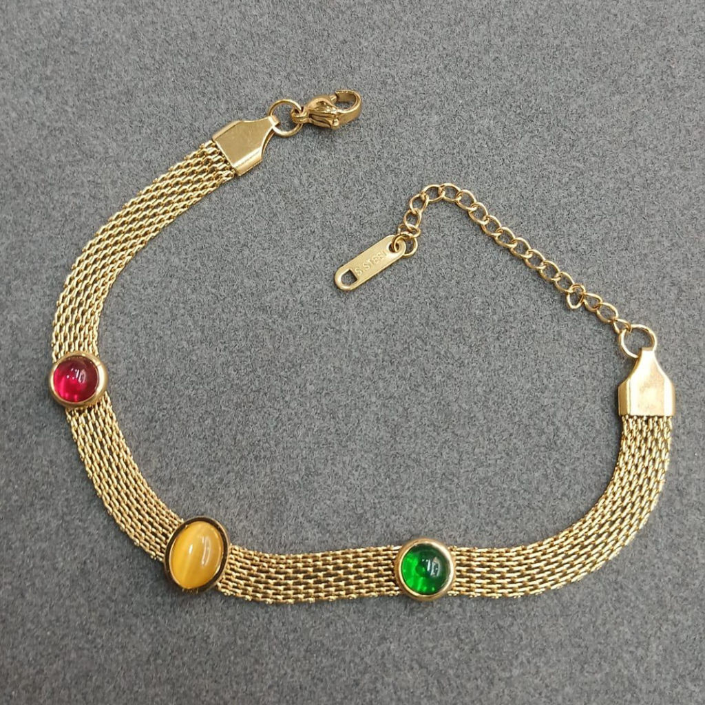 Statement Tricolor Stone 18K Gold Bracelet