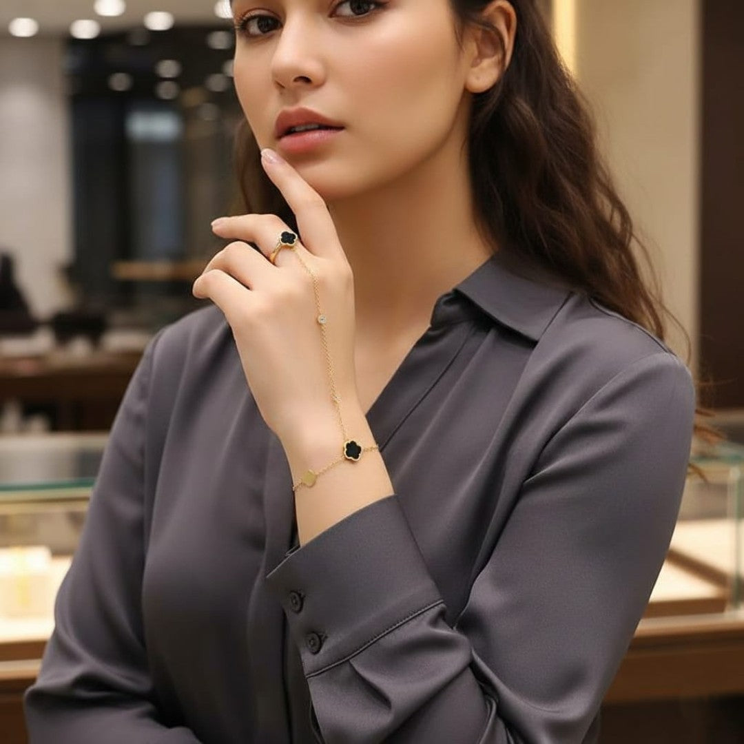 18K Gold Plated Hand Chain Bracelet with Ring