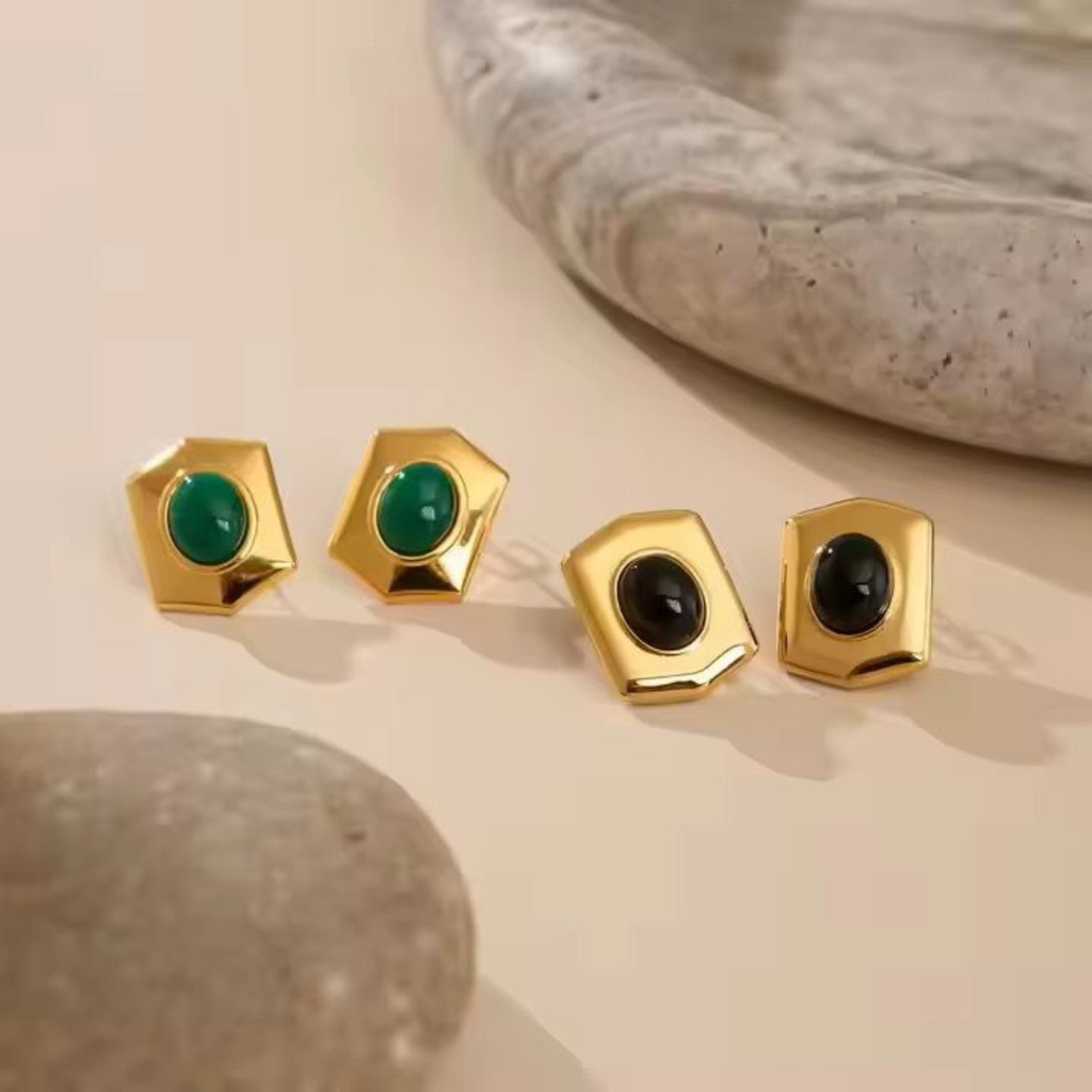 18K Gold Plated Chunky gold stud earrings - black and emerald green stone