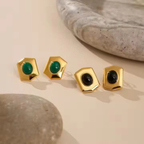 18K Gold Plated Chunky gold stud earrings - black and emerald green stone
