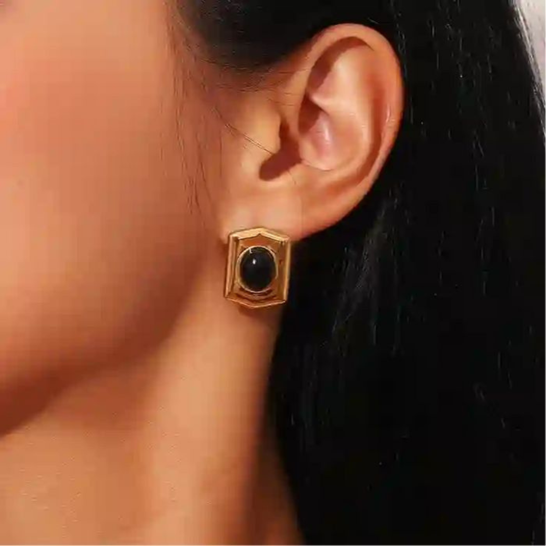 18K Gold Plated Chunky gold stud earrings - black and emerald green stone
