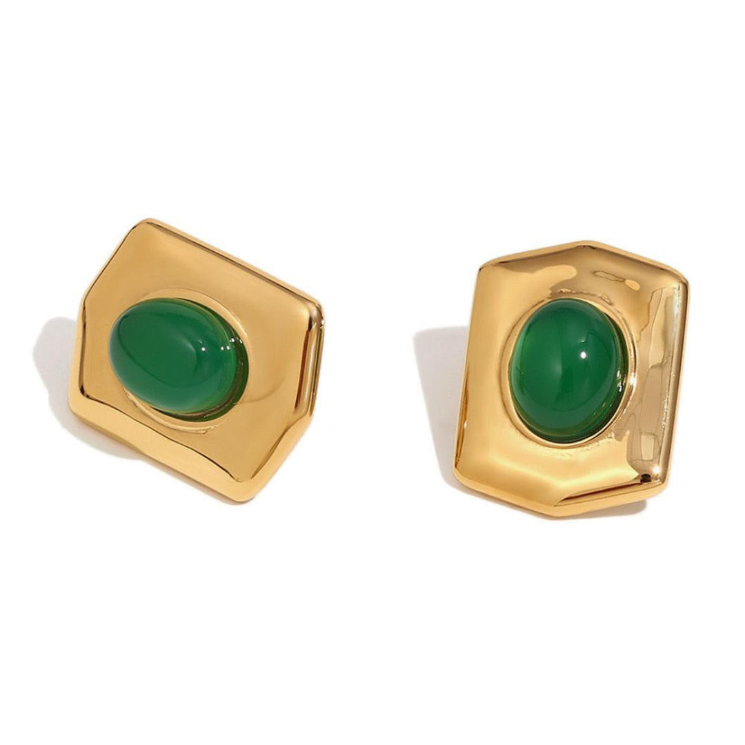 18K Gold Plated Chunky gold stud earrings - black and emerald green stone