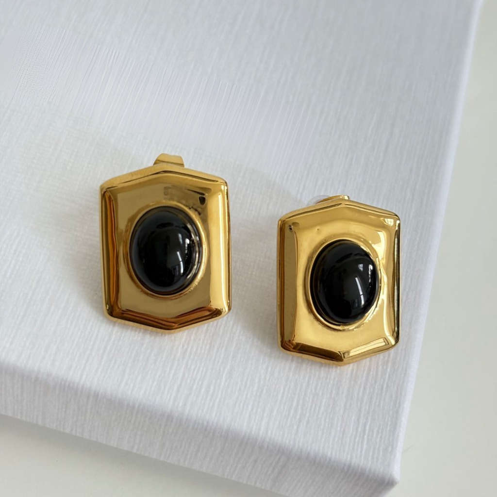 18K Gold Plated Chunky gold stud earrings - black and emerald green stone