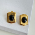 18K Gold Plated Chunky gold stud earrings - black and emerald green stone