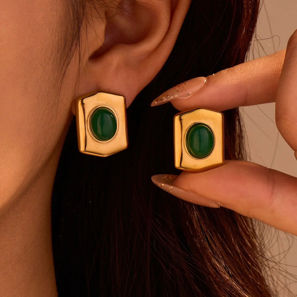 18K Gold Plated Chunky gold stud earrings - black and emerald green stone