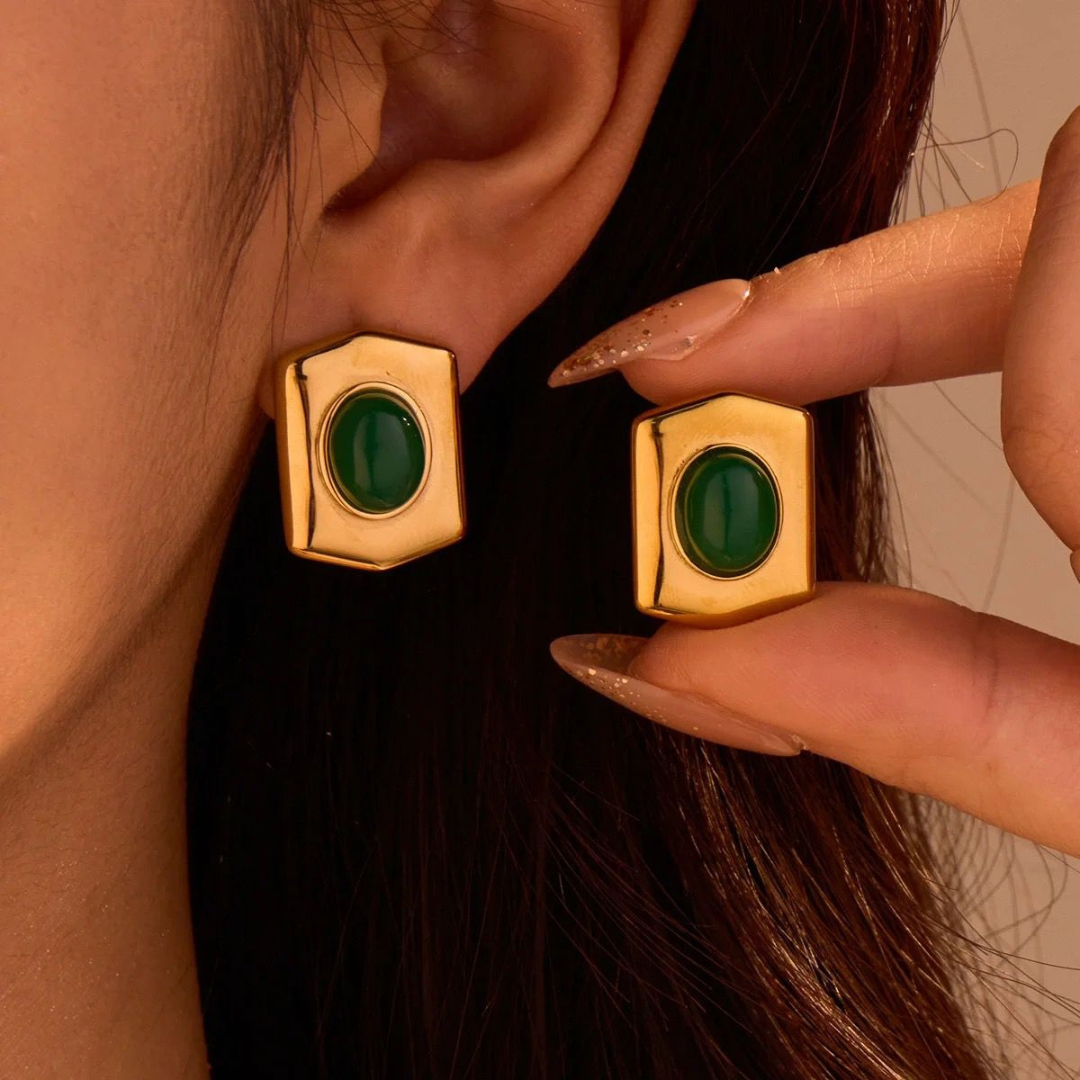 18K Gold Plated Chunky gold stud earrings - black and emerald green stone