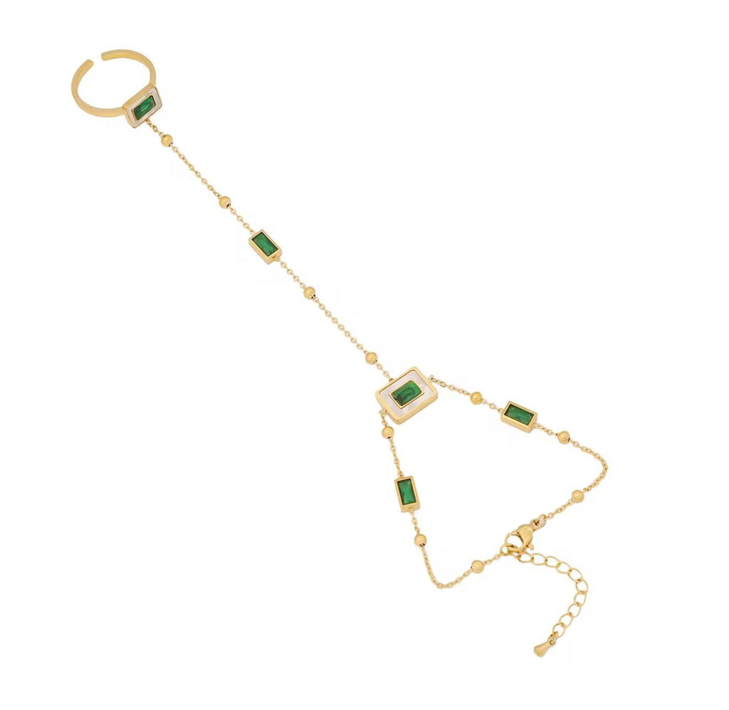 Emerald glow 18k gold plated bracelet with adjustable ring