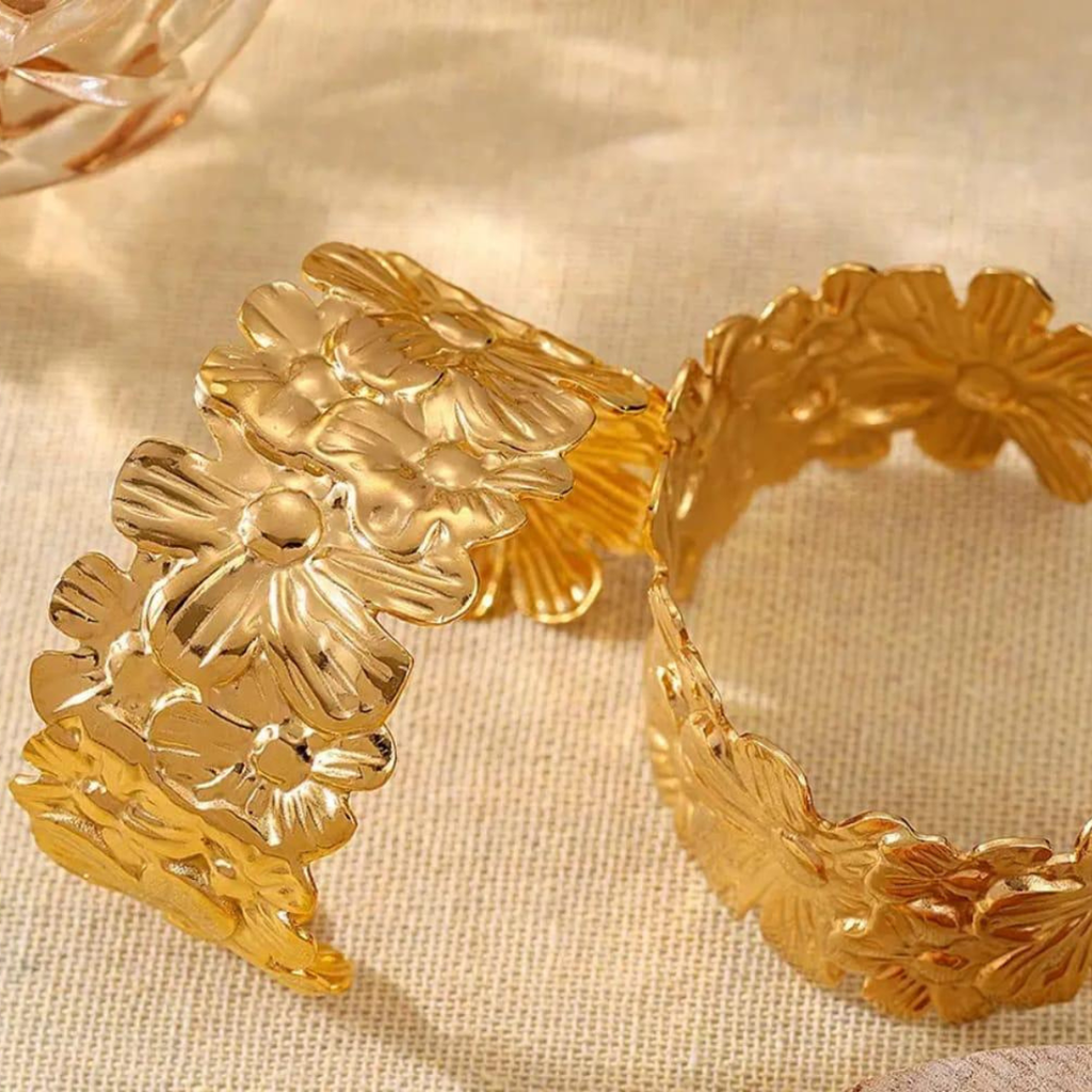 Floral Engraved Open Cuff 18K Gold Plated Bracelet