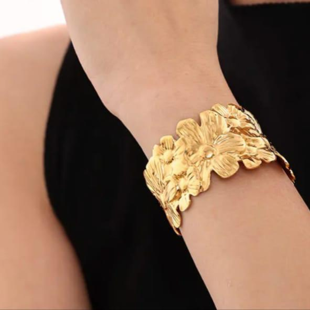 Floral Engraved Open Cuff 18K Gold Plated Bracelet