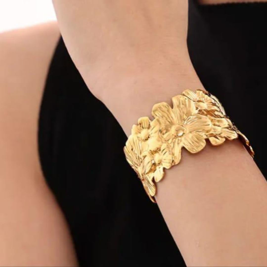 Floral Engraved Open Cuff 18K Gold Plated Bracelet