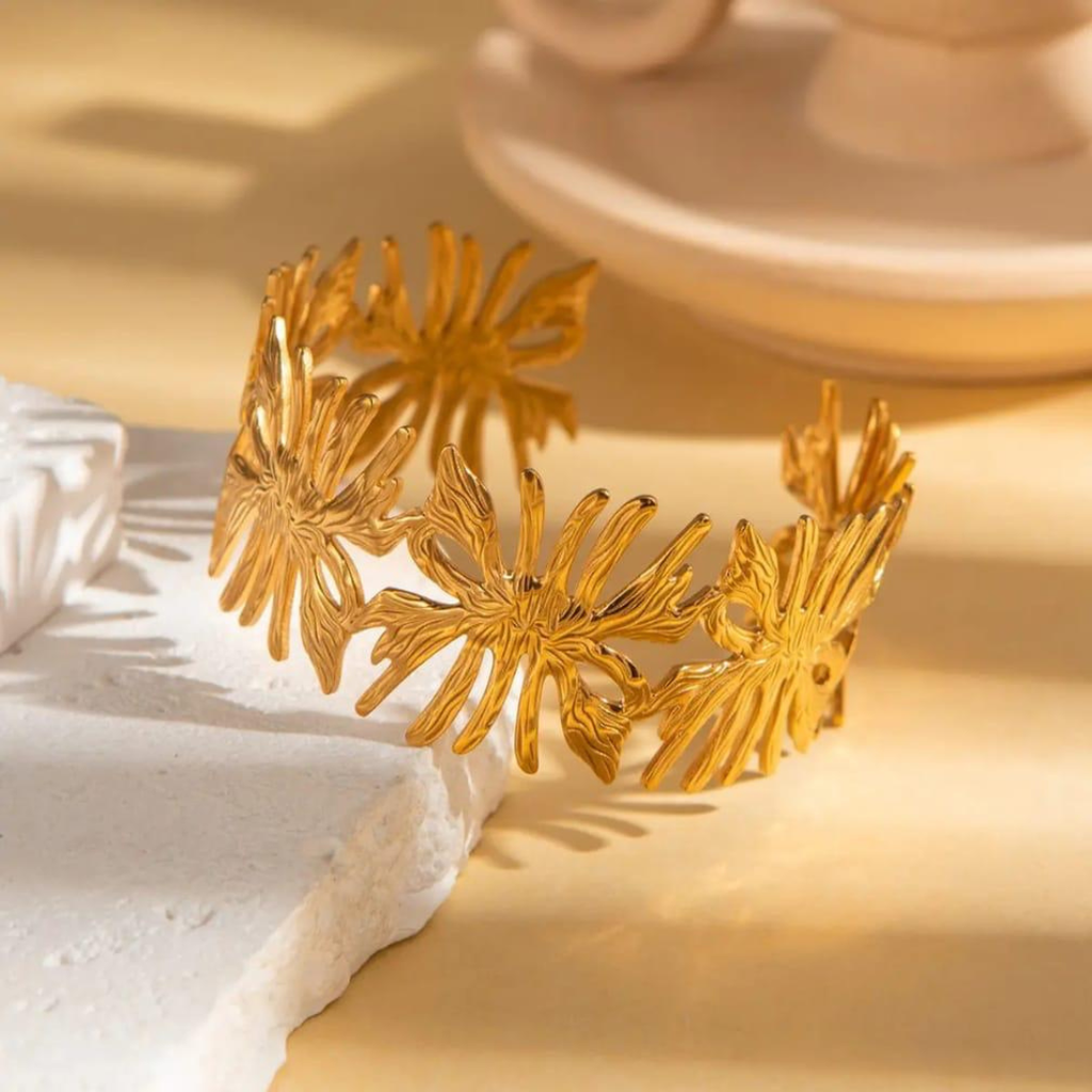Wild Leaf & Twig Open Cuff 18K Gold Plated Bracelet